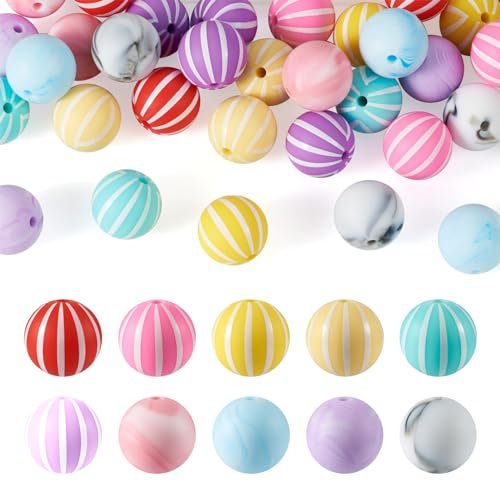 40Pcs Striped Silicone Beads 15mm Rainbow Bubblegum Spacer Round Rubber Loose Beads Bulk for Necklace Bracelet Jewelry Making Crafts