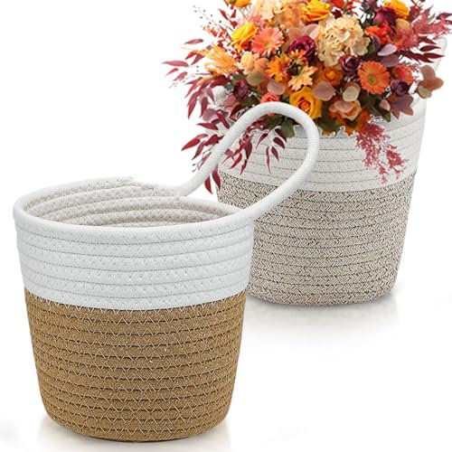 INHEMING 2 pcs Indoor Woven Plant Pots,Cotton Indoor Planter, Small Woven Storage Basket,Cotton Rope Woven Hanging Plant Pots for Fake Flowers,Sunglasses, Jewelry, Keys