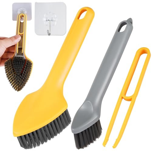 DONQL 3 in 1 Cleaning Brush, Scrubbing Brush with Hook, Yellow Shower Cleaning Brush, Multifunctional Grout Brush for Tiles Long HandleHome Shower Floor Bathroom and Kitchen Sink Bathtub Window
