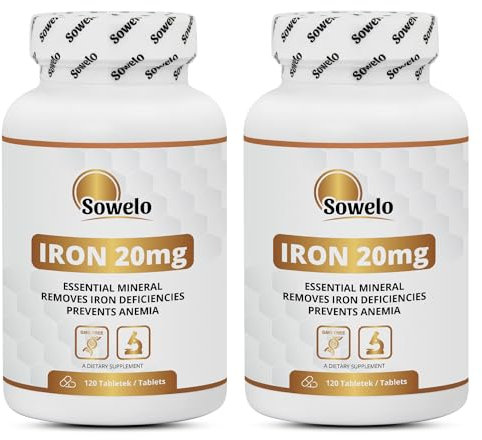Sowelo Iron - Eisen Hochdosiert I 20mg Eisen pro Tablette I Eisenbisglycinat I Mineralpräparat mit leicht verdaulichem I Ohne unerwünschte Zusätze I 120 Tabletten (2-Pack)