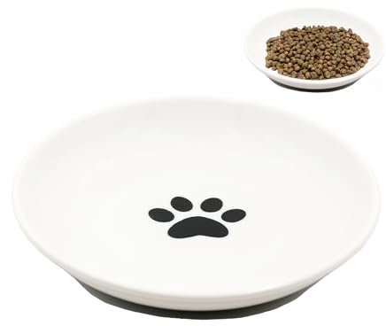 Cuenco plano de cerámica para gatos, con base de silicona antideslizante, comedero elevado, cuenco para gatos (patrón de huellas de gato)