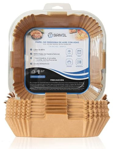 SIRIVEL Papel de Freidora de Aire con Asas, 100% Natural y Sin BPA, 100 Uds, 40g Grueso, 16-20 cm, Anti-Adherente, para Freidoras 4-5L Cuadradas (PC-16)