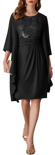 GRACE KARIN Women 2 Pieces Elegant Wedding Outfits Dress Suit Sequin Dress+3/4 Sleeve Chiffon Cover Up Black Size 14