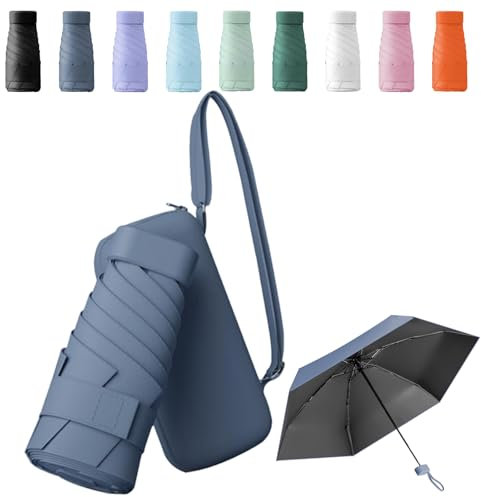 Sykerout Regenschirm, Mini Regenschirm, Taschenschirme, Kompakter Regenschirm Mini Faltbarer Reise Regenschirm, Uv-Regenschirm Mit Kartenhalter Mit Seil (Dunst blau)