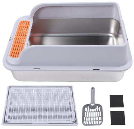 Oreilet Caja de para Gatos Acero Inoxidable, Caja Semicerrada Gatos Pala Alfombrilla Antifugas, Caja Grande para Gatos con Lados Altos Fácil Limpieza Prueba (Extra