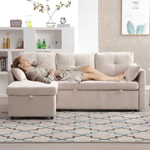 YESGIGA Multifunktionales Schlafsofa mit Stauraum und ausziehbarem Bett, Chaiselongue-Wechselsofa, Sektionssofa mit Stauraumsitzen (Beige+Polyester)