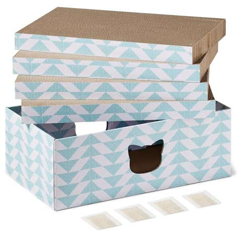 Amazon Basics Rascador para Gatos con Caja, Rascadores de Cartón Corrugado para Gatos de Interior, con Impresión en Color y Hierba Gatera, con Certificación FSC, Paquete de 4, 41,9 x 25,4 x 3,8cm,azul