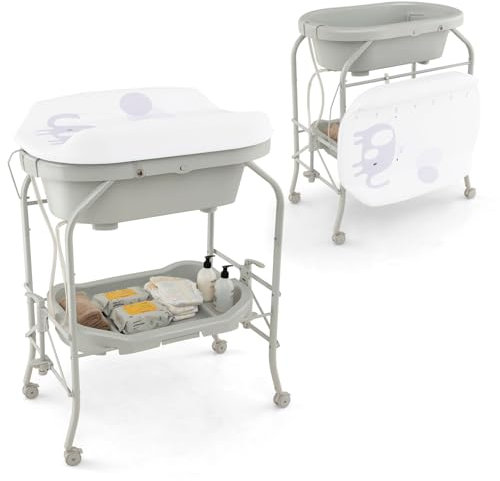 DREAMADE Table à Langer Bébé 4 en 1,Baignoire Bebe Pliable avec Support en Fer,4 Roues Universelles Verrouillables,Panier de Rangement,Commode à Langer Nourrisson 0-12 Mois,Charge 35 KG (Gris Clair)