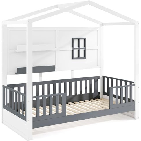 GIANTEX Letto per Bambini Twin a Tema Casetta con Tetto e Recinzione | Struttura in Legno con 2 Mensole e Finestra, Senza Necessità di Molle, per Bambini e Ragazze
