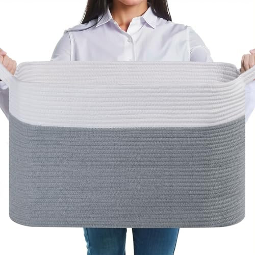 JOJOSEE Large Storage Basket, Blanket Basket for Clothes Bedding, Woven Storage Baskets, Toy Storage for Kids, Rope Basket for Living Room, Nursery, Bedroom 55x38x30 cm (White&Grey, 1 Pack)