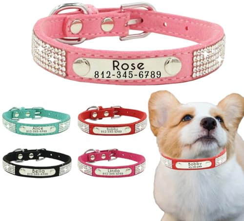 Personalisiertes Glitzer-Leder-Hundehalsband, tief graviert, für XS, kleine, mittelgroße und große Hunde, individuelles Hundehalsband mit Strass
