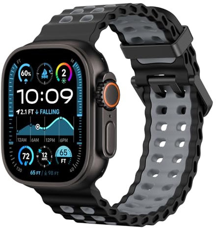 Astorgos Breathable Ocean Band Compatible with Apple Watch Ultra 2/Ultra 49mm,Series 10 46mm,9/8/7 45mm,SE2/SE/6/5/4 44mm,3/2/1 42mm, Silicone Watch Band Sport Strap for Men Women, Black/Gray