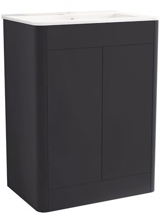 BELOFAY Vanity Unit with Basin | 600mm Floor Standing Bathroom Vanity Unit with Basin | High Gloss Grey | Push to Open Doors & DTC Soft Close Hinges with 1 Tap Hole Ceramic Basin & Waste (Edison Grey)