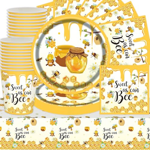Biene Party Geschirr Set, 61Stk Biene Geburtstag Party Dekorationen, Biene Pappteller Papier Handtücher Papier Tassen Tischdecken, Frühling Picknick Thema Geschirr,Taufe eines Säuglings