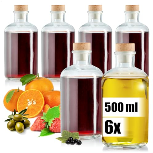 Robin Goods® 6x Botellas de Vidrio 500 ml con Tapón, Envases Vacíos para Llenar con Aceite, Vinagre o Licores