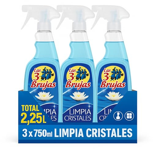 Limpia Cristales Líquido en Spray, Limpiacristales Las 3 Brujas, Apto Para Limpieza de Ventanas, Espejos y Superficies de Vidrio o Cristal, Fragancia Clásica, Pack de 3 botes de 750 ml