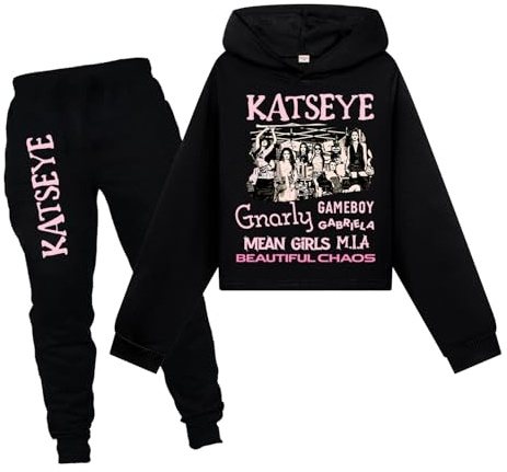 Minhuaha KATSEYE Girls Hoodie+Pants Set Kids Shirt 2PCS Long Sleeve Outfit (Black,11 Years)