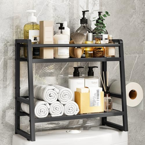 HOOBRO Bathroom Shelf Storage, 2-Tier Metal Over Toilet Storage Unit, Bathroom Organizer with Tissue Paper Holder and Hooks, Metal Frame, for Bathroom, Kitchen, Black EBK16TS01