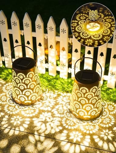 OUILA Solarlampen für Außen, 2 Stück Wetterfeste Metall Gartenleuchte mit IP65 Schutz, Dekorative Hängend Solarbeleuchtung für Balkon, Terrasse, Hof, Baum & Camping
