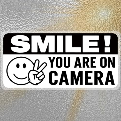 PRESSINART 10Pcs Smile Camera Sticker 4 x 2 Inch You Are On Camera Window Stickers Warning Signs Label Self Adhesive Waterproof PVC Vinyl Decals for Outdoor Indoor Office Car Window Door Business