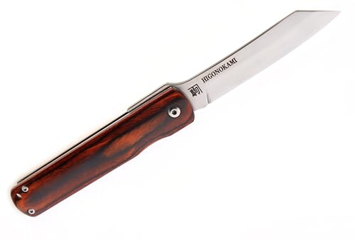 Couteau de Poche Pliant Artisanal Higonokami Liner Lock Nagao Kanekoma, Lame en Acier Inoxydable VG-10 et Manche Bois Stratifié, Fabriqué au Japon, Boîte de Rangement (Mahogany color laminated wood)