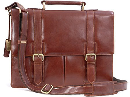 VISCONTI - Men's Leather Briefcase - Extra Large 17 Inch Laptop Bag - A4 Messenger Work Bag - Adjustable Crossbody Strap - VT6 Bennet - Tan Brown