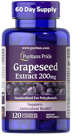 Puritan's Pride Grapeseed Extract 200mg, Dietary Supplement for Antioxidant and Heart Health Support, 2 Month Supply, 120 Rapid Release Capsules