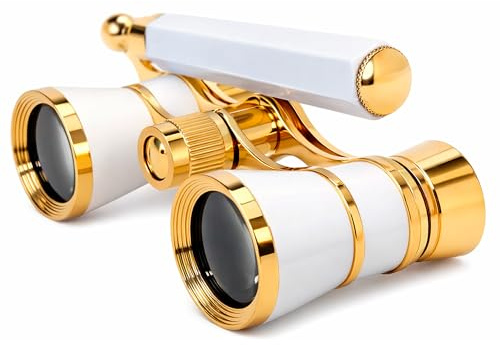 HQRP 3 x 25 Opera Glasses Binocular w/Built-in Extendable Handle White-Pearl with Gold Trim with Crystal Clear Optics (CCO)