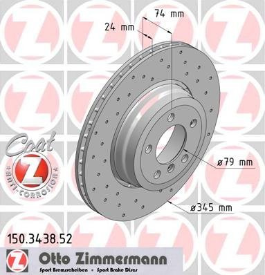 ZIMMERMANN 2x Bremsscheibe Hinten Ø345mm Höhe: 74mm Dicke: 24mm Lochzahl: 6/5 Lochkreis-Ø: 120mm außenbelüftet & gelocht 150.3438.52