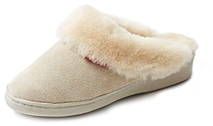Reissner Lammfelle | Engel Hausschuhe Korfu | Pantoffel | Veloursleder | Innenfutter echtes Merino Lammfell | erhöhter Absatz | mit Fellkranz | 45 beige