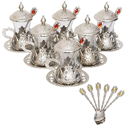 Alisveristime (SET OF 6) Handmade Turkish Tea Water Zamzam Serving Set Glasses Saucer (Silver)