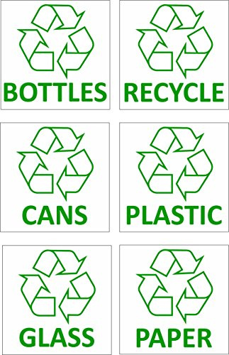 Landing Designs Recycling Bin Vinyl Stickers, 6 Pack, Bottles, Cans, Plastic, Glass, Paper Labels, 70mm x 70mm