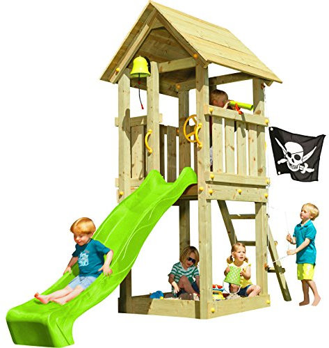 Blue Rabbit 2.0 Spielturm KIOSK mit Rutsche Kletterturm Glocke Sandkasten Lenkrad Piratenflagge Teleskop und Holzdach (Podesthöhe 1,20 m, Rutsche GRÜN)