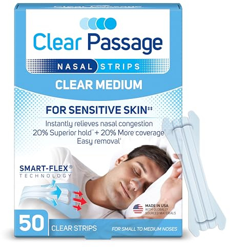 Clear Passage Nasal Strips Medium, Clear, 50 ct | Works Instantly to Improve Sleep, Reduce Snoring, & Relieve Nasal Congestion Due to Colds & Allergies