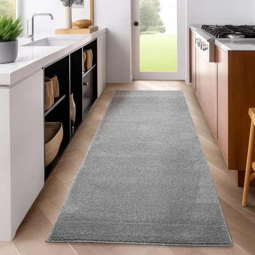 SIMPEX Läufer Teppich 80x150 cm Hellgrau, Kurzflor, Einfarbig, Modern, Rechteckig, rutschfest, Pflegeleicht, Flurteppich für Küche, Diele, Wohnbereich