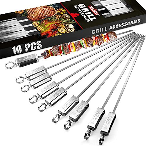GRILLART Kabob Spieße zum Grillen,Metallspieße für Kabobs mit Schieber,Flache Grillspieße Edelstahl,17 Zoll Shish Kabob Grillspieße & Ideale Kabob Sticks für Fleisch Garnelen Huhn Gemüse (10 Stück)