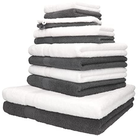 Betz Lot de 12 pièces 100% Coton Palermo 2 draps de Bain 4 Serviettes de Toilette 2 d'invités 2 lavettes 2 Gants de Toilette Couleur Anthracite et Blanc