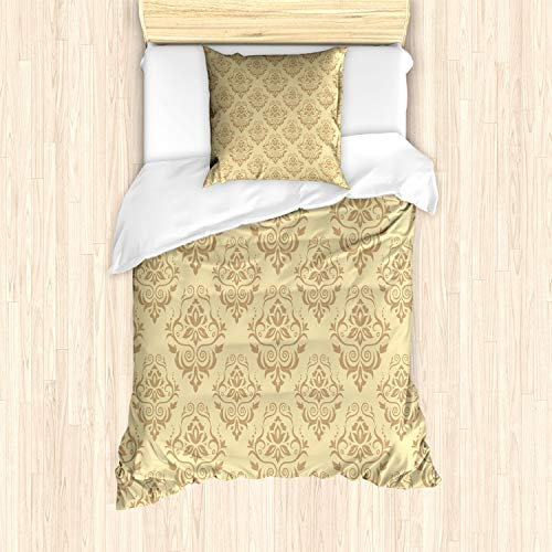 ABAKUHAUS Damast Bettbezug Set für Einzelbetten, Antike Spitze Blumen, Milbensicher Allergiker geeignet mit Kissenbezug, Beige