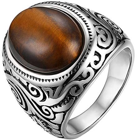 JewelryWe Herren-Ring, Oval Tiger-Auge Edelstahl, Retro Klasische geschnitzt Blumen Muster Ring Band, Silber - Größe 59
