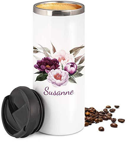 GRAZDesign Kaffeebecher to go mit Namen Thermobecher auslaufsicher & warmhaltend, Coffee Becher, hält 4h heiss, personalisiertes Geschenk, Edelstahl 350ml Pfingstblumen