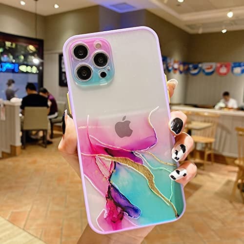 QLTYPRI Case for iPhone 12, Matte Case with Camera Protect PC Back and Soft TPU Bumper Clear Marble Pattern Protective Silicone Slim Shockproof Case for iPhone 12 (6.1 inch) – Rainbow