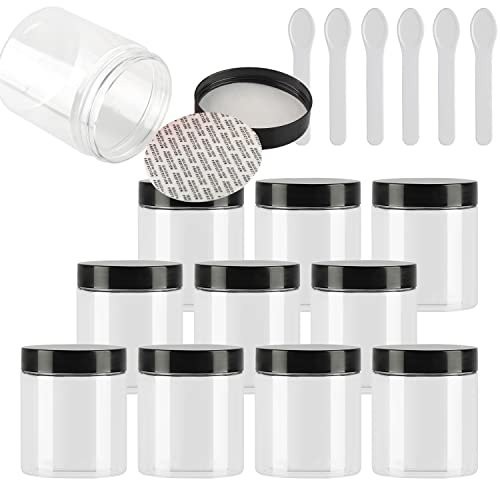 TIANZD 24 Pièces Vides Petit 250 ml Transparent Cosmétique Pot en Plastique avec Couvercle Noir 250 g Pots de Cosmétique Crème de Bouteille Contenant avec 6x Spatules