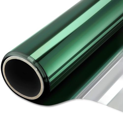 WPCTEV Window Film One Way Mirror Film Daytime Privacy Static Non-Adhesive Decorative Heat Control Anti UV Window Tint for Home and Office, Green Silver 35.4 Inch x 6.5 Feet