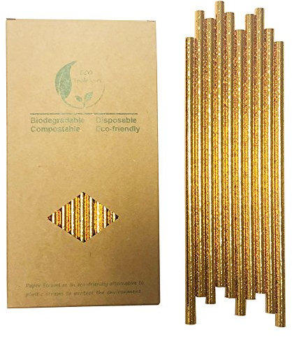 Metallic Golden Papier Strohhalme, 100 Stück Gold Papier Strohhalme Einweg Trinkhalme Bulk für Trinken, Cocktail, Cake Pops, Party, Hochzeit, Bars und Restaurants