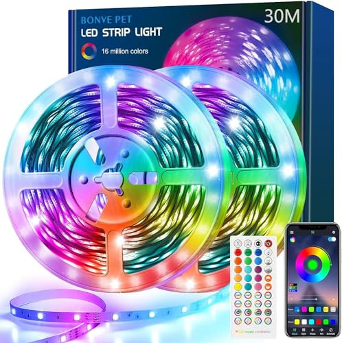 Luces Led, Bonve pet Tiras led 30 Metros, Luces LED Habitación,Tira Led RGB Bluetooth, Control Remoto y App,16 Millones de Colores, Led Strip Light para Decoración Navidad Casa Fiesta TV Cocina