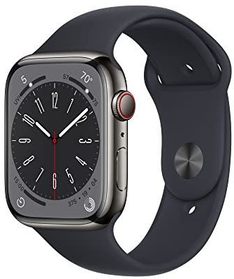 Apple Watch Series 8 (GPS + Cellular 45mm) Smart watch - Graphite Stainless Steel Case with Midnight Sport Band - Regular. Fitness Tracker, Blood Oxygen & ECG Apps, Water Resistant