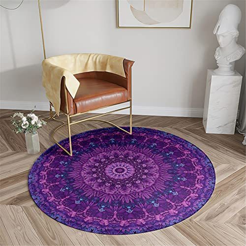Chickwin Teppich für Wohnzimmer Rund, Mandala Stil rutschfeste Teppiche Flanell Flauschig Weich Moderne Fußmatte für Schlafzimmer Kinderzimmer Küche Dekoration (Durchmesser 120cm,Lila Blumen)