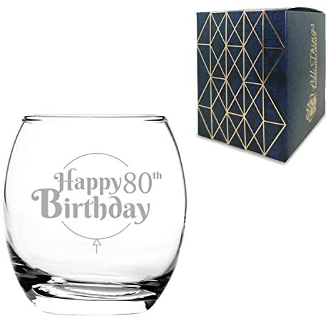 Engraved 80th Birthday Gift, Tondo Tumbler Glass, Holds 13.6oz, 405ml, Gift Boxed, Happy Birthday Balloon Design, Gift for Him or Her, Laser Engraved in The UK