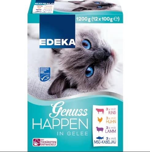 EDEKA Katzenfutter Genuss Happen Katzen Nassfutter in Gelee 12 x 100g Portionsbeutel Je 3 x mit Rind, Huhn, Lamm, Kabeljau