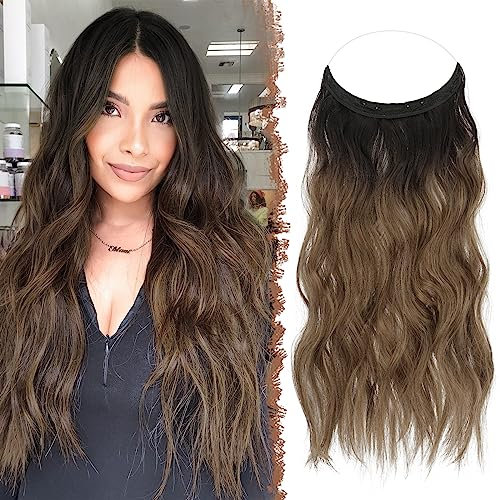 FESHFEN Secrets Haare Extensions Lange Gewellt Haarverlängerung Invisible Secret Haarextension Synthetik Hair Unsichtbarem Haarteile für Frauen Ombre Braun 50 cm